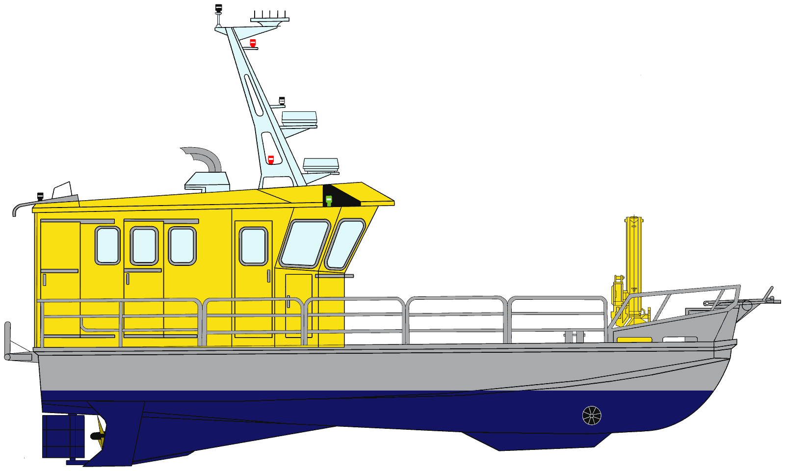 EOS Marine — plan de profil : timonerie fermée, grue hydraulique, pont de travail dégagé et mât.