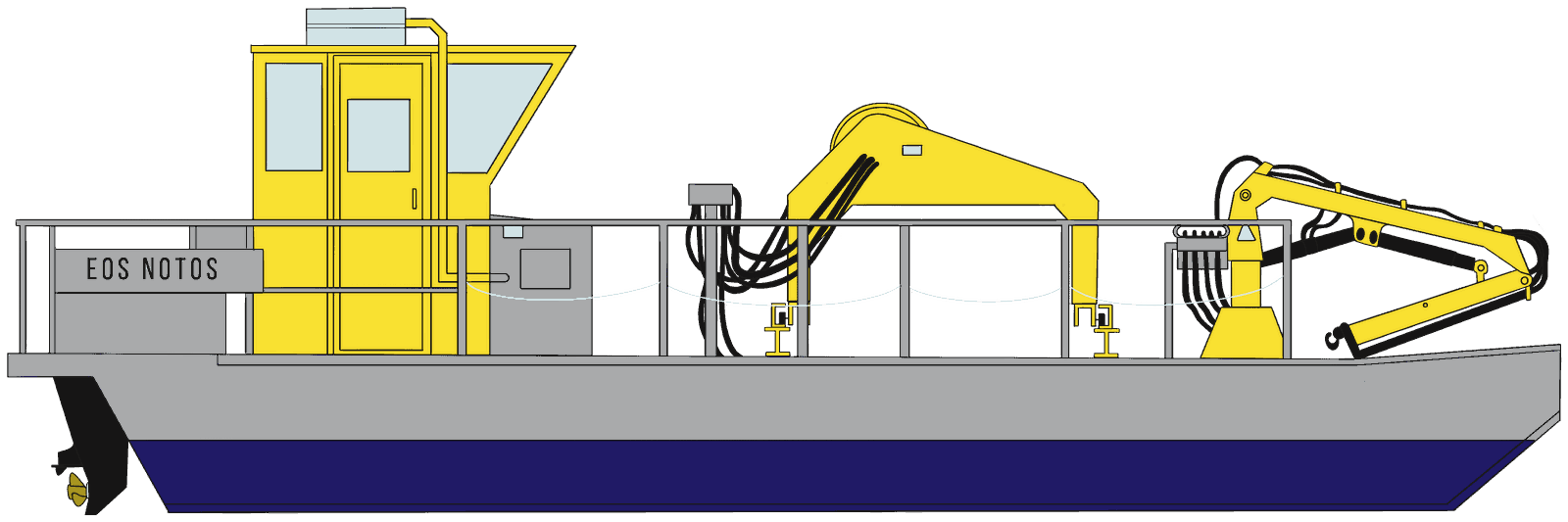EOS Notos — plan de profil : timonerie, treuil de manutention, grue hydraulique et pont dégagé.