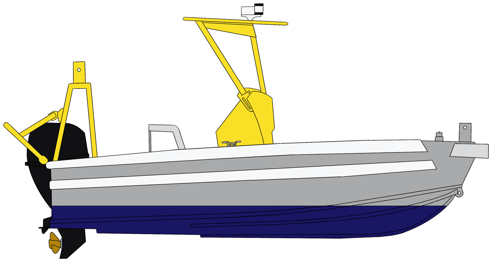 EOS Zephyr — plan de profil : console centrale sous T-top, portique arrière, moteur hors-bord et pont ouvert.
